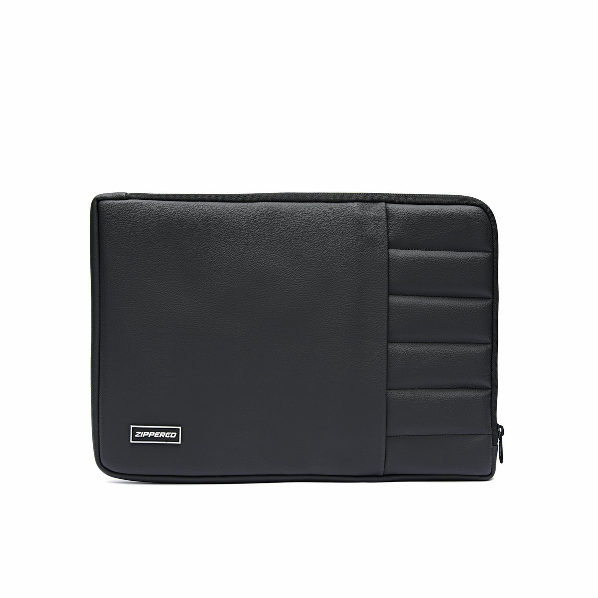 Black leather laptop sleeve with front storage pocket for charger, cable and phone – premium padded laptop sleeve in Pakistan