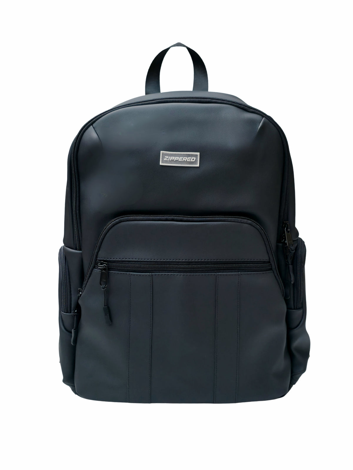 Premium black leather laptop backpack with multiple zip pockets for office, travel and everyday use in Pakistan