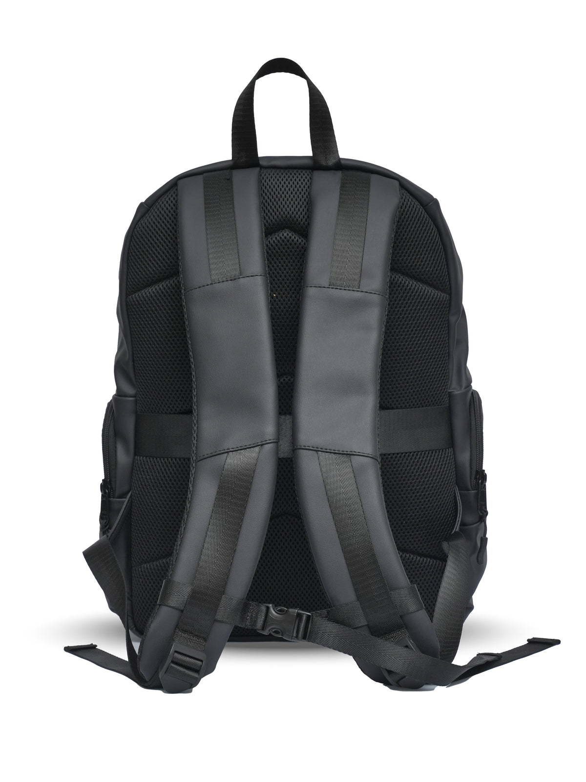 Black leather laptop backpack with breathable padded back panel and adjustable shoulder straps – premium laptop backpack in Pakistan