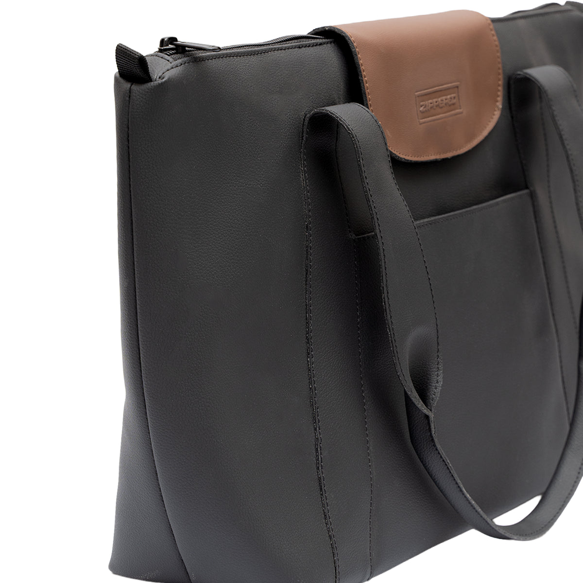 Zippered Elite Leather Tote Black