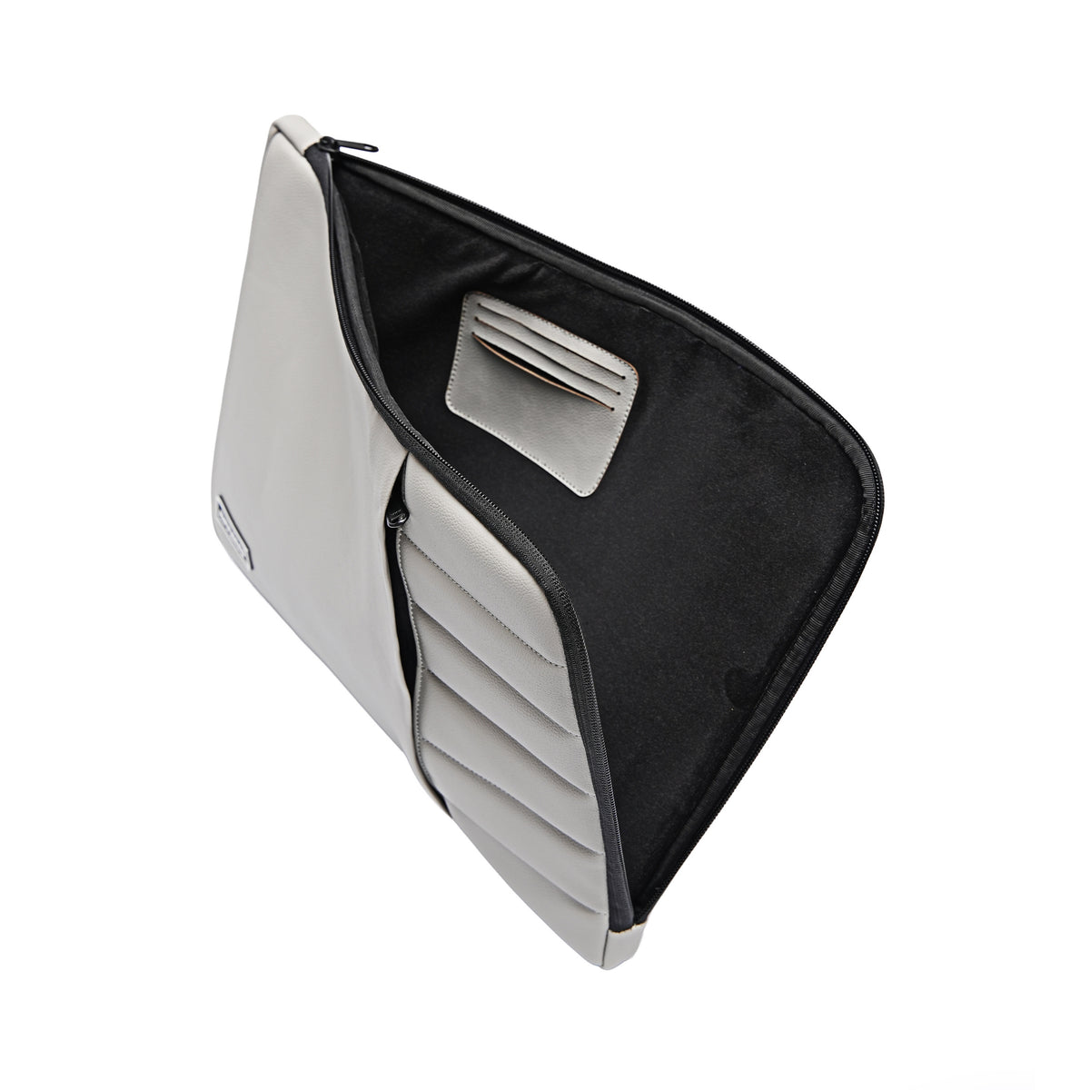 grey protective laptop sleeve featuring ultra-soft microfiber interior and built-in card slot for everyday carry