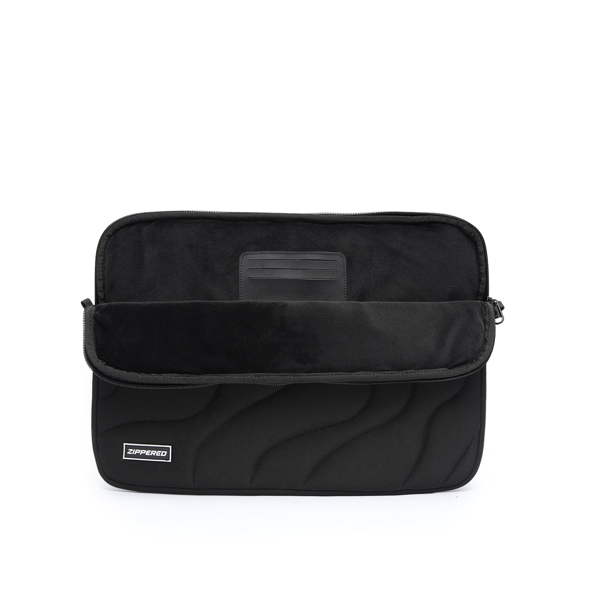 Black quilted laptop sleeve with soft microfiber lining and built-in card pocket – premium padded laptop sleeve in Pakistan