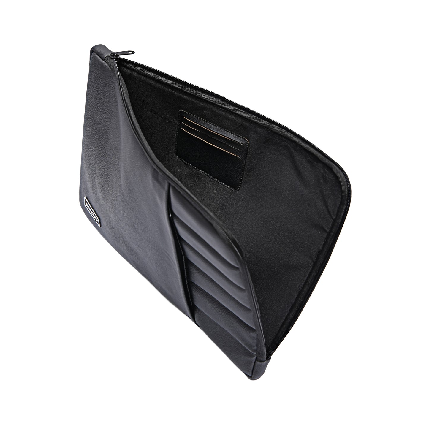 Premium black leather laptop sleeve with ultra soft microfiber interior and card holder for 13, 14, 15 & 16 inch laptops