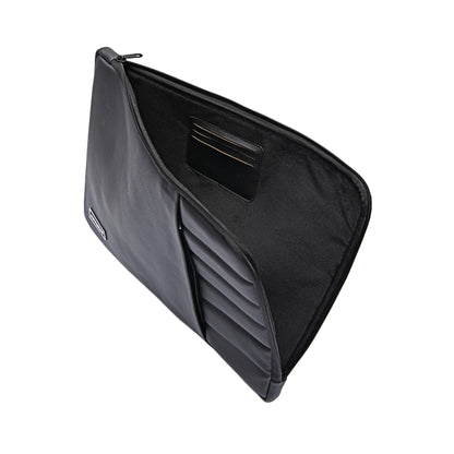 Premium black leather laptop sleeve with ultra soft microfiber interior and card holder for 13, 14, 15 & 16 inch laptops