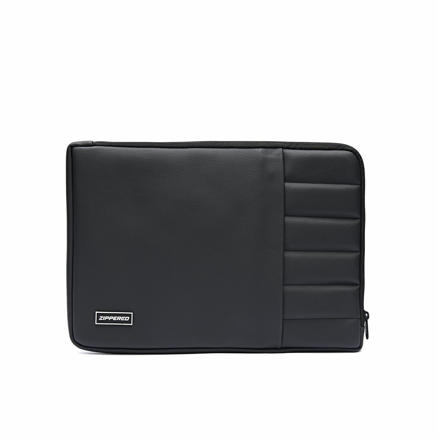 Black leather laptop sleeve with front storage pocket for charger, cable and phone – premium padded laptop sleeve in Pakistan