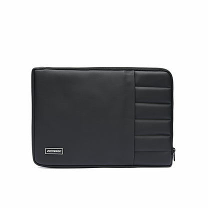 Black leather laptop sleeve with front storage pocket for charger, cable and phone – premium padded laptop sleeve in Pakistan