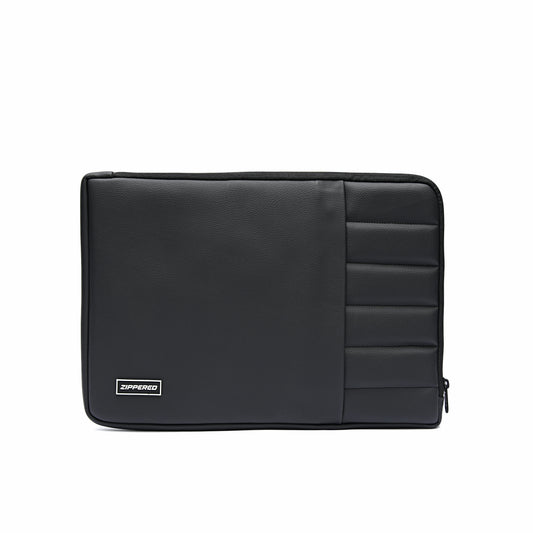 Black leather laptop sleeve with front storage pocket for charger, cable and phone – premium padded laptop sleeve in Pakistan