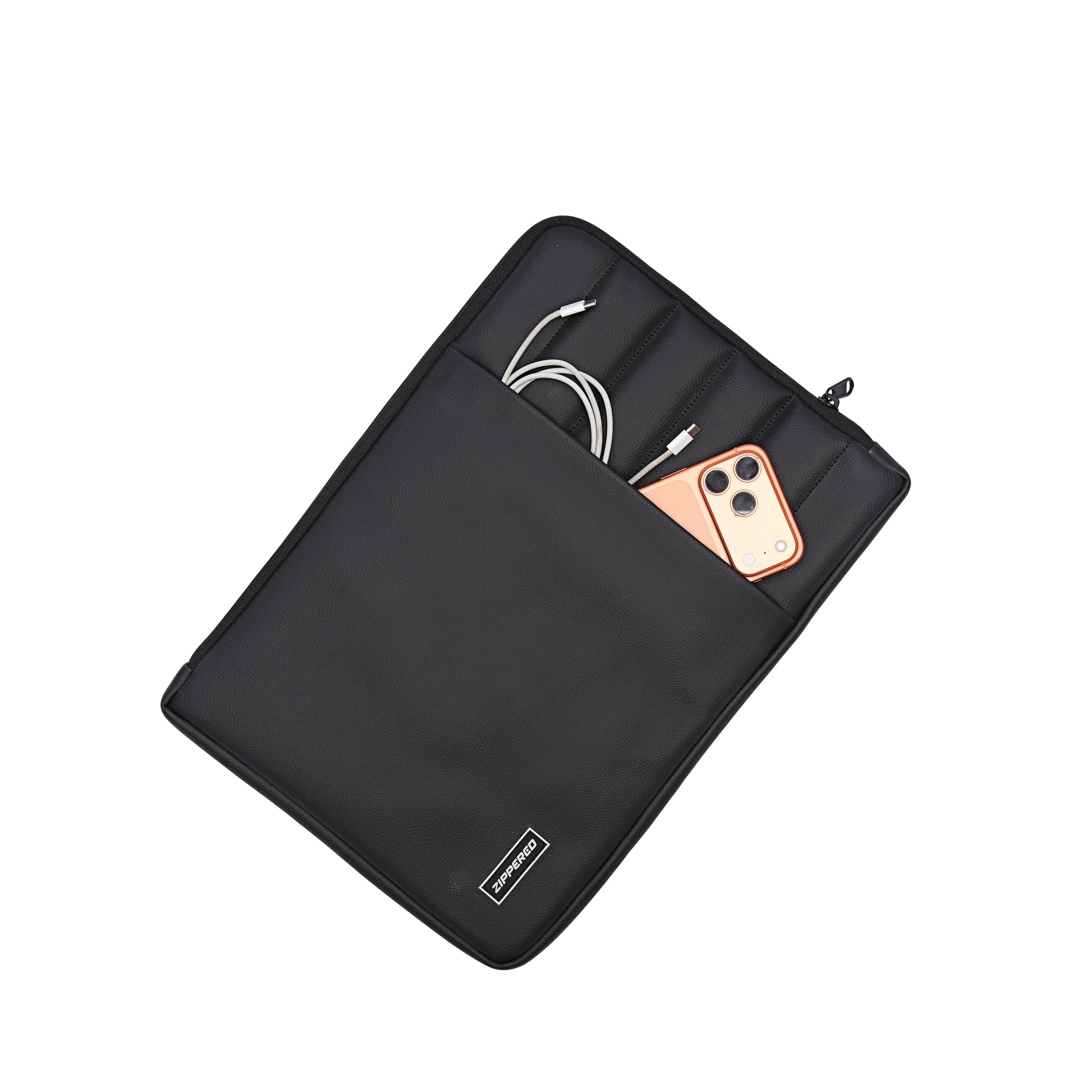 Black leather laptop sleeve with front storage pocket for charger and phone – premium padded laptop sleeve in Pakistan