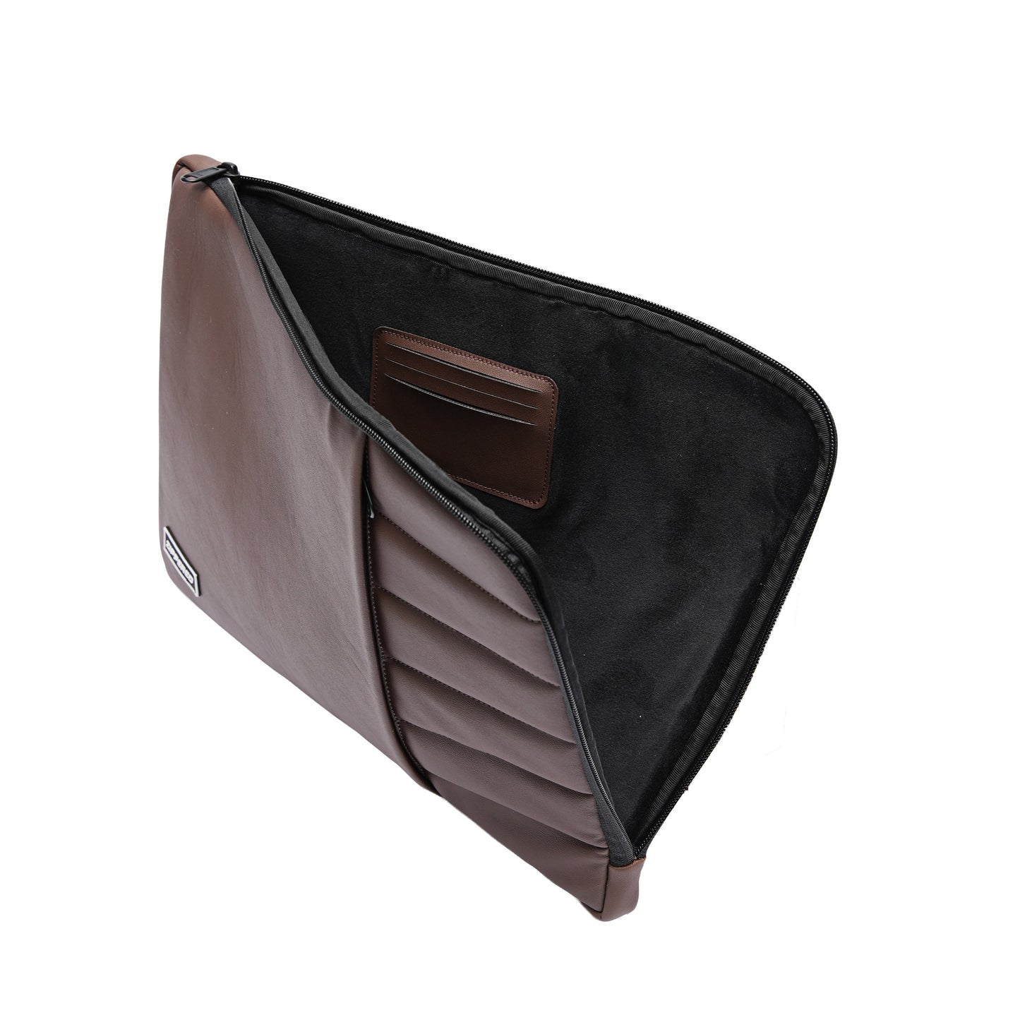 Premium brown leather laptop sleeve with soft microfiber interior and card holder for 13, 14, 15 & 16 inch laptops