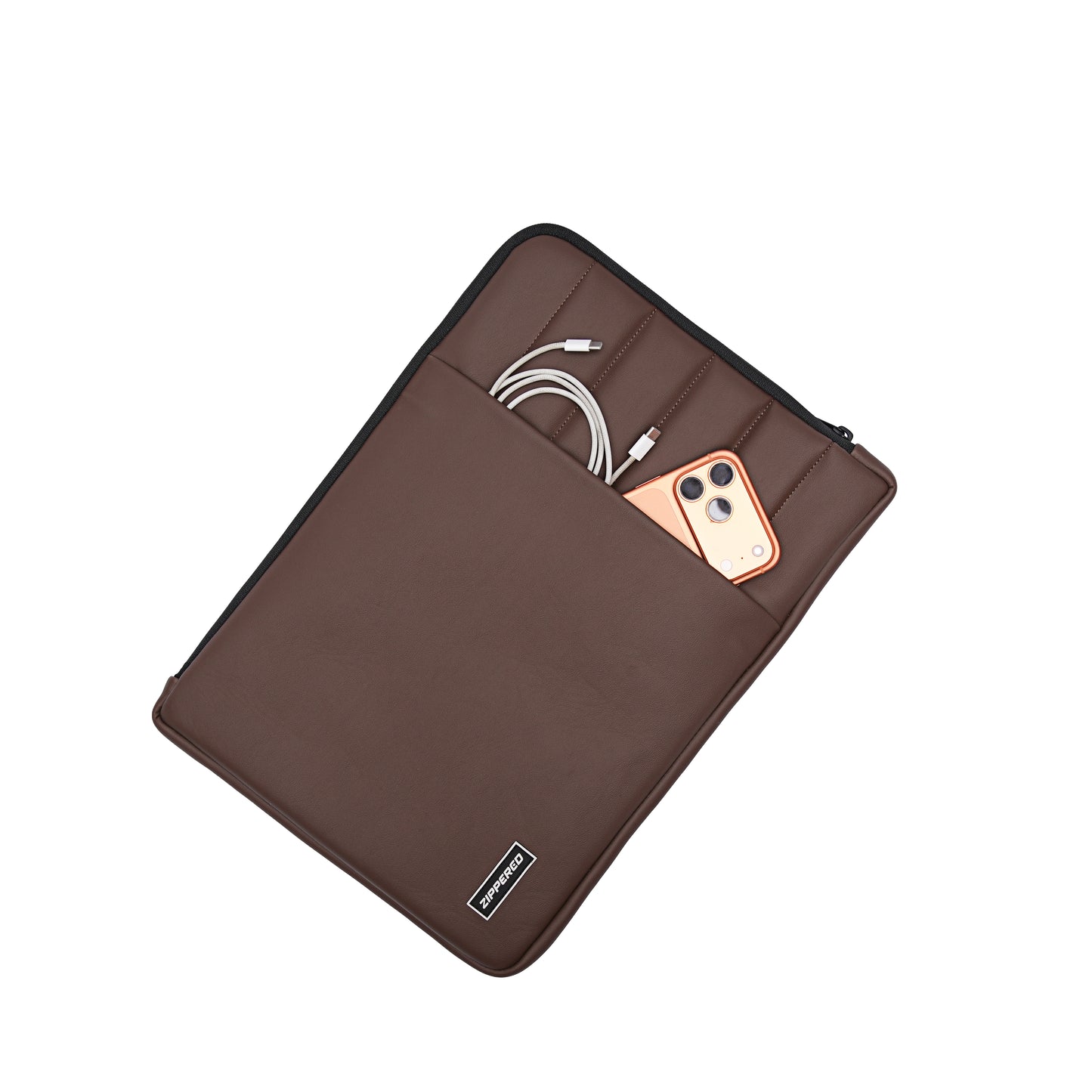 Brown leather laptop sleeve with front storage pocket for charger, cable and phone – premium padded laptop sleeve in Pakistan