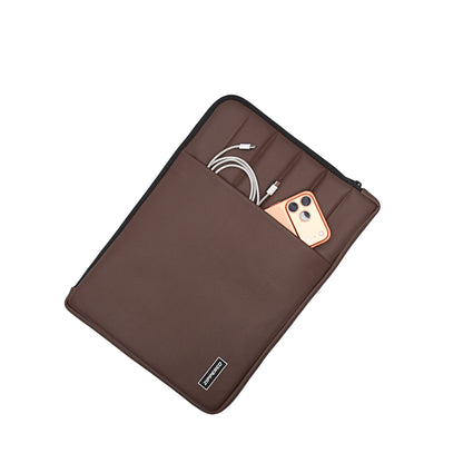 Brown leather laptop sleeve with front storage pocket for charger, cable and phone – premium padded laptop sleeve in Pakistan