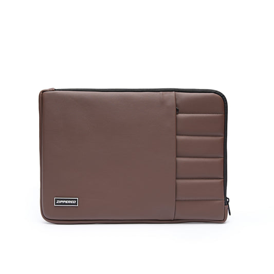 Premium brown leather laptop sleeve with accessory pocket for MacBook and laptops in Pakistan