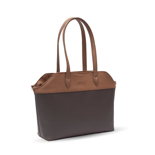 brown leather tote bag side view with strap