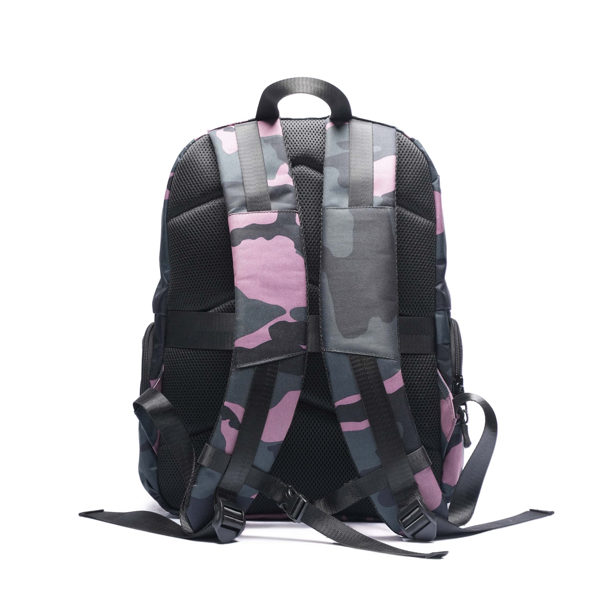 Camo 1000D Cordura® laptop backpack featuring breathable padded back panel, adjustable shoulder straps, chest buckle strap, and luggage sleeve for everyday comfort.