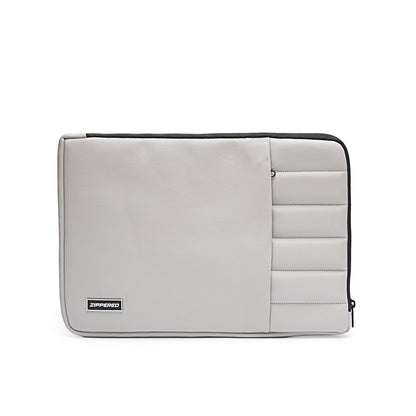 Premium grey leather laptop sleeve with accessory pocket for MacBook and laptops in Pakistan