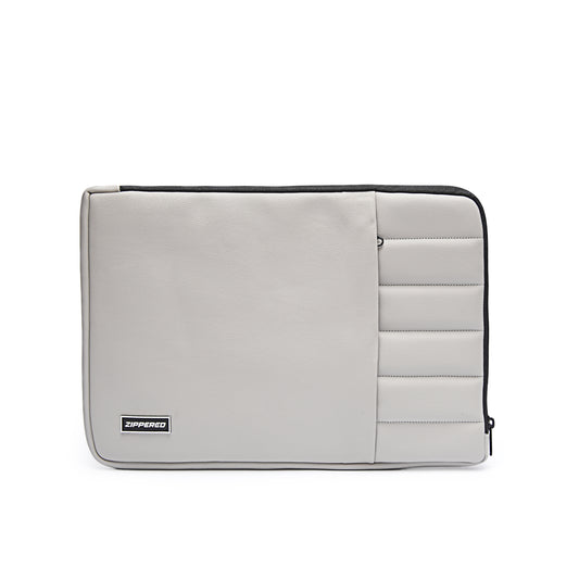Premium grey leather laptop sleeve with accessory pocket for MacBook and laptops in Pakistan