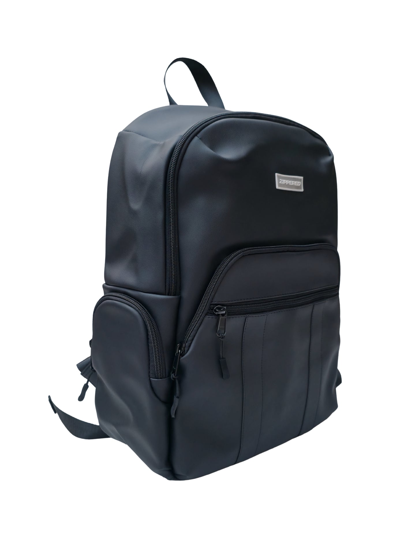 black leather backpack side view with pockets