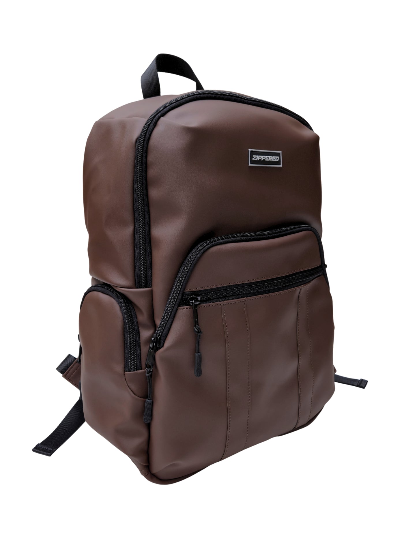 brown leather backpack side view with laptop compartment