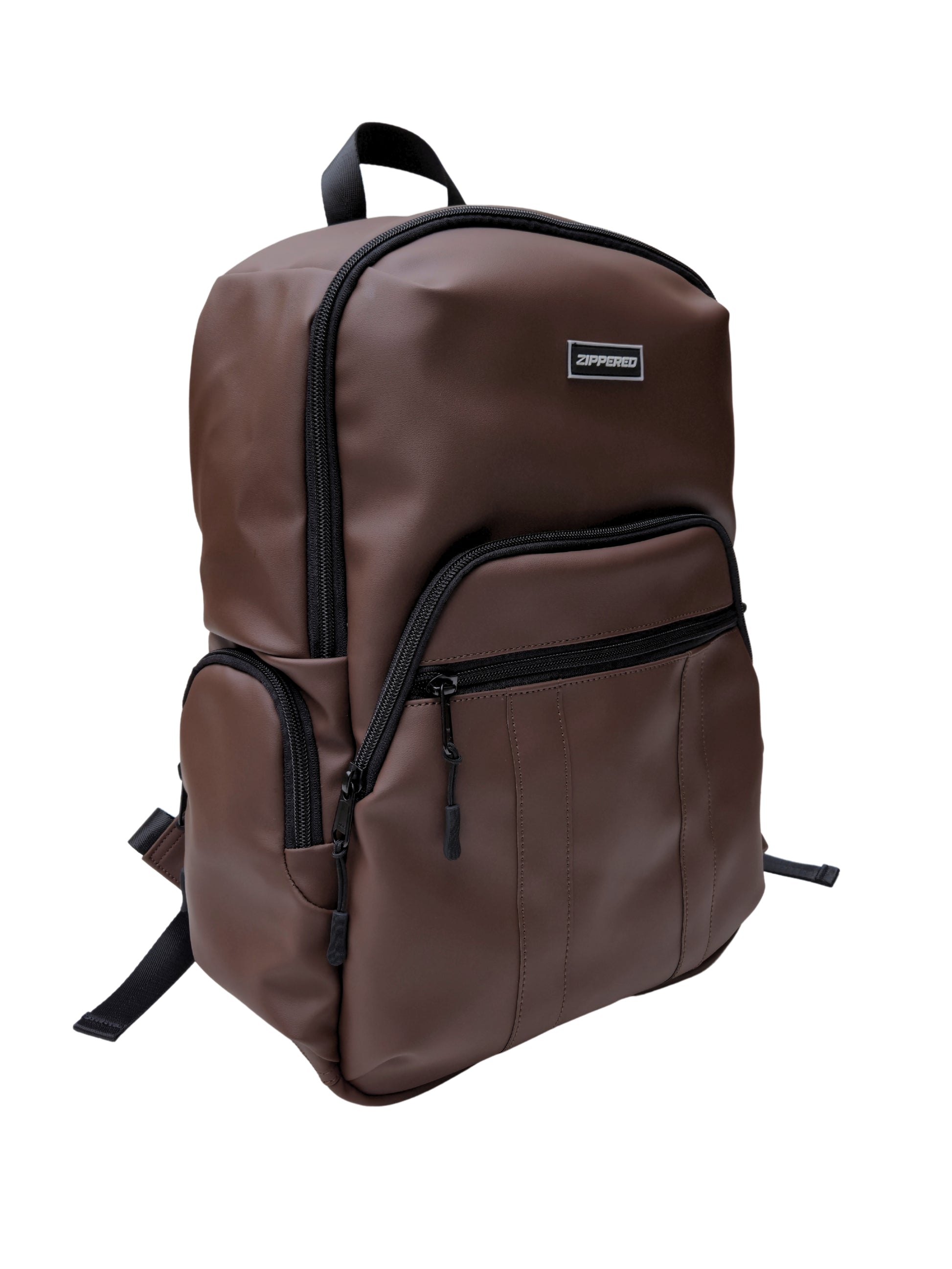 brown leather backpack side view with laptop compartment