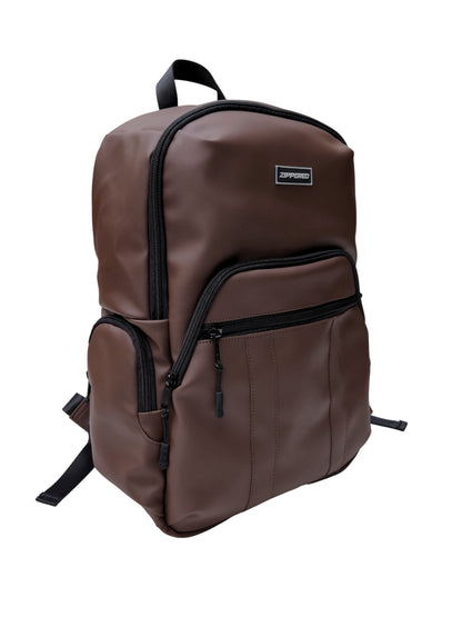 brown leather backpack side view with laptop compartment