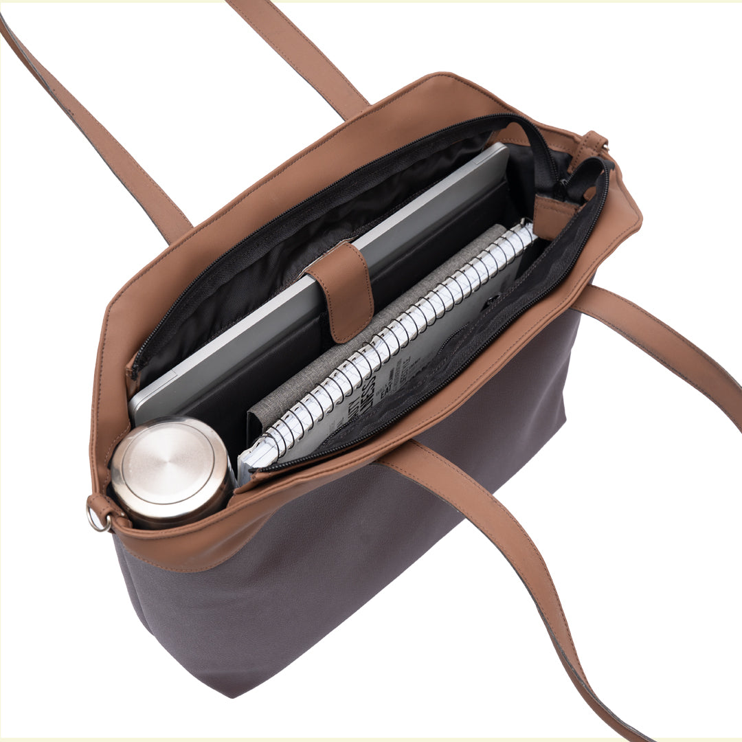 brown leather tote bag interior compartments laptop pocket and main space