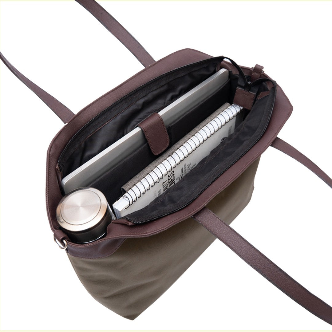 Spacious leather tote bag with laptop compartment, bottle pocket, inside mobile pocket, and zipper closure – large capacity women’s handbag for office, students, working women, mothers and travel use.