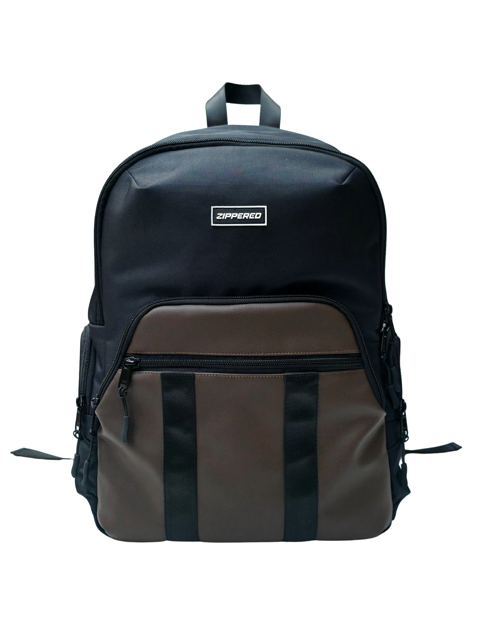 Premium black and brown leather laptop backpack with multiple zip pockets for office, travel and everyday use in Pakistan