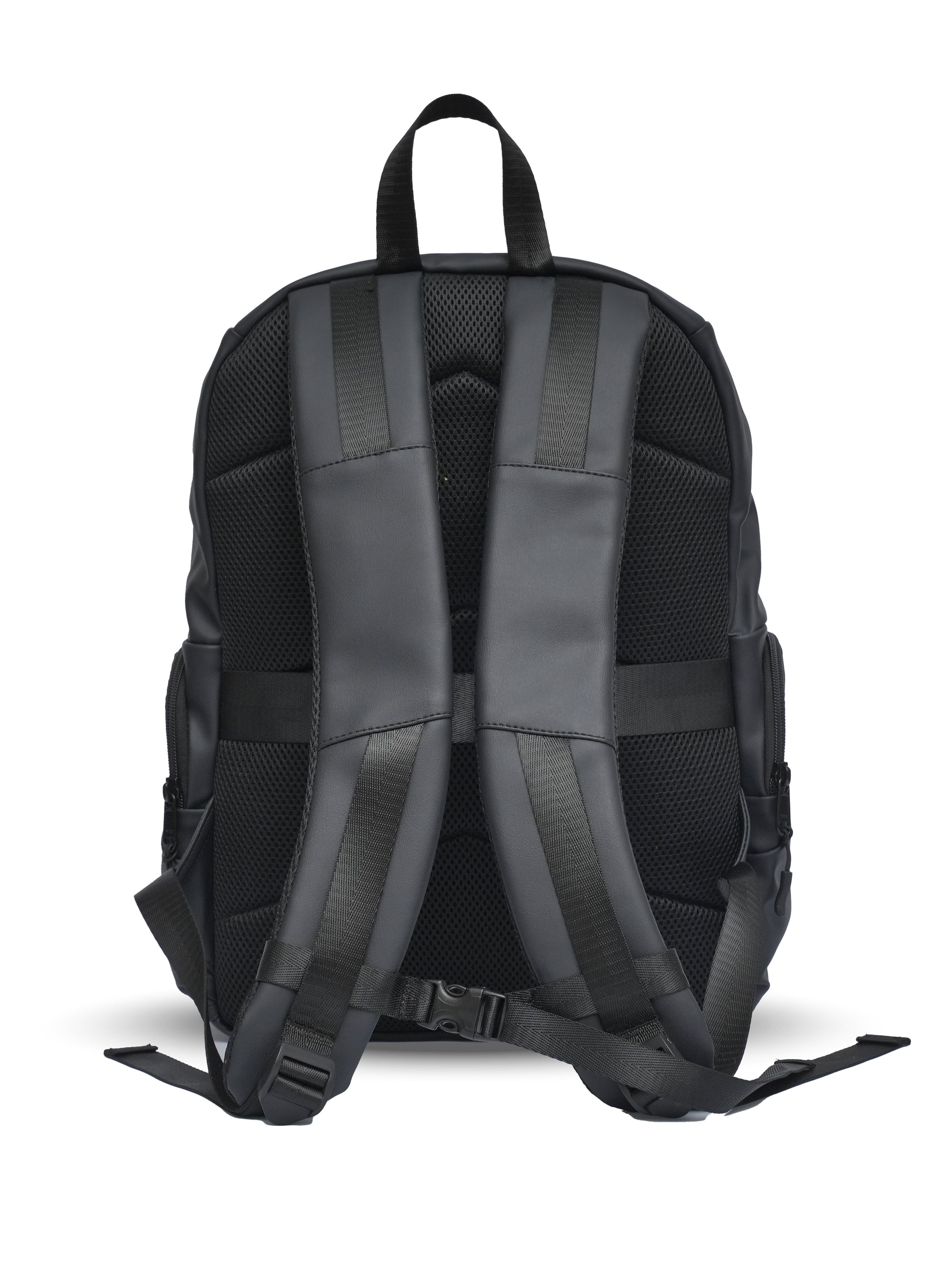 Black leather laptop backpack with breathable padded back panel and adjustable shoulder straps – premium laptop backpack in Pakistan
