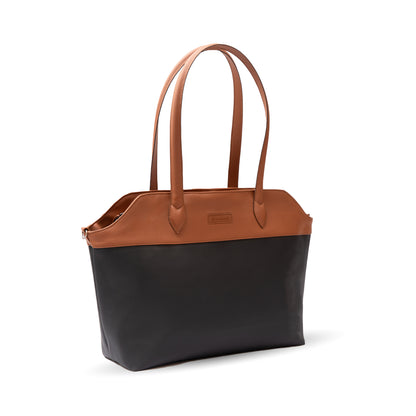 black and brown tote bag side view with strap