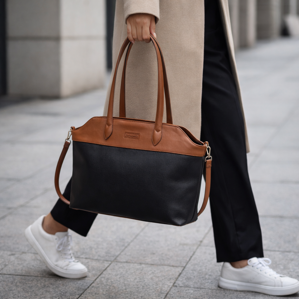 woman carrying black and brown leather tote bag