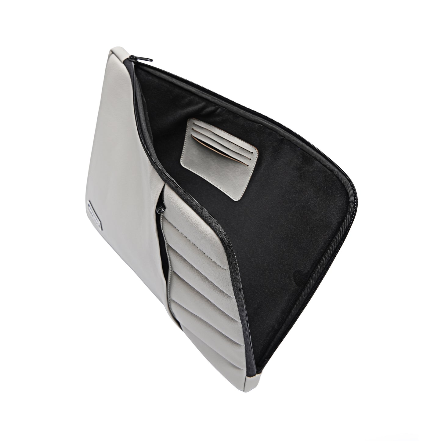 grey protective laptop sleeve featuring ultra-soft microfiber interior and built-in card slot for everyday carry