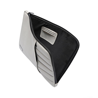 grey protective laptop sleeve featuring ultra-soft microfiber interior and built-in card slot for everyday carry