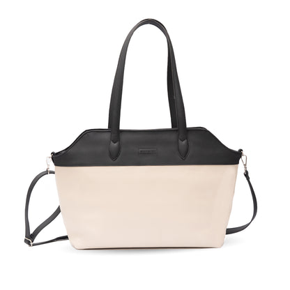 ivory and black leather tote bag with laptop compartment and long strap Pakistan