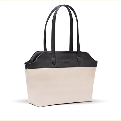 ivory leather tote bag side view with strap