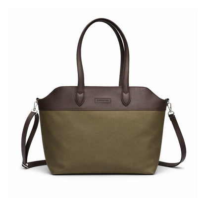 Luxury olive green and dark brown leather tote bag for women with shoulder strap – stylish everyday handbag for office, university, travel and casual use.