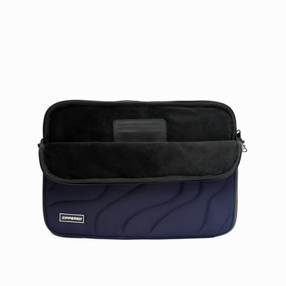Blue quilted laptop sleeve with soft microfiber lining and built-in card pocket – premium padded laptop sleeve in Pakistan