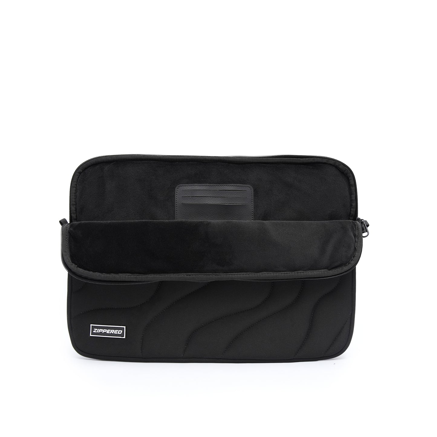 Black quilted laptop sleeve with soft microfiber lining and built-in card pocket – premium padded laptop sleeve in Pakistan