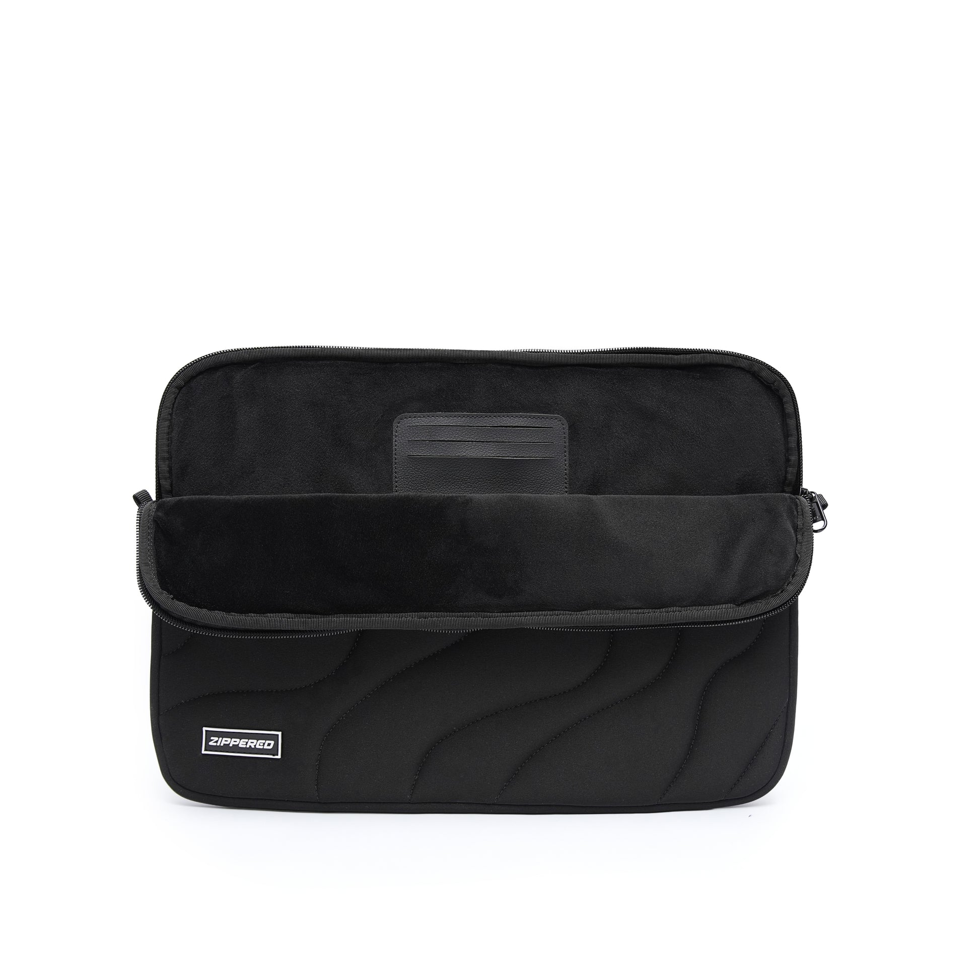 Black quilted laptop sleeve with soft microfiber lining and built-in card pocket – premium padded laptop sleeve in Pakistan