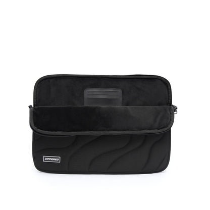 Black quilted laptop sleeve with soft microfiber lining and built-in card pocket – premium padded laptop sleeve in Pakistan