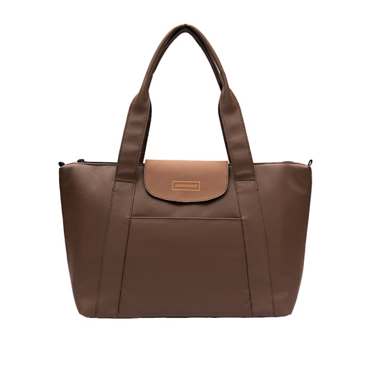 Premium Women’s brown leather tote bag in Pakistan with tan button flap and front open pocket, front view, Zippered.